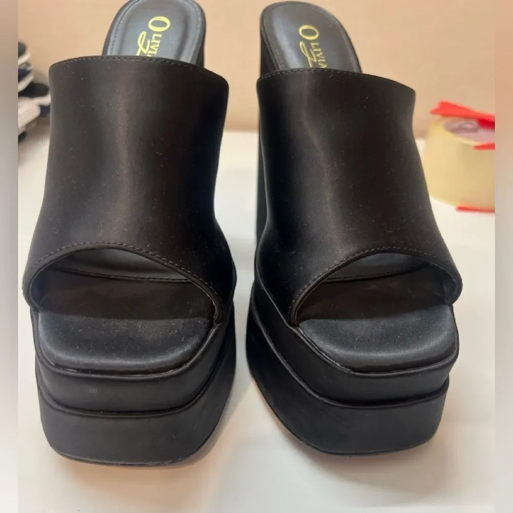 OLIVIA black faux leather chunky platform open toe mule heels Y2K size 7